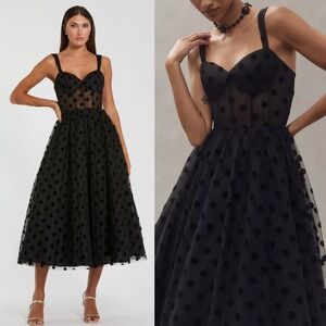 NWT Mac Duggal Black Polka Dot Net Bustier A-Line Midi Dress - Size 10